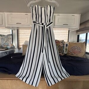 NWT H&M Chic‎ Strapless Jumper Size 0 Wide Leg Crop Black White Striped Belted